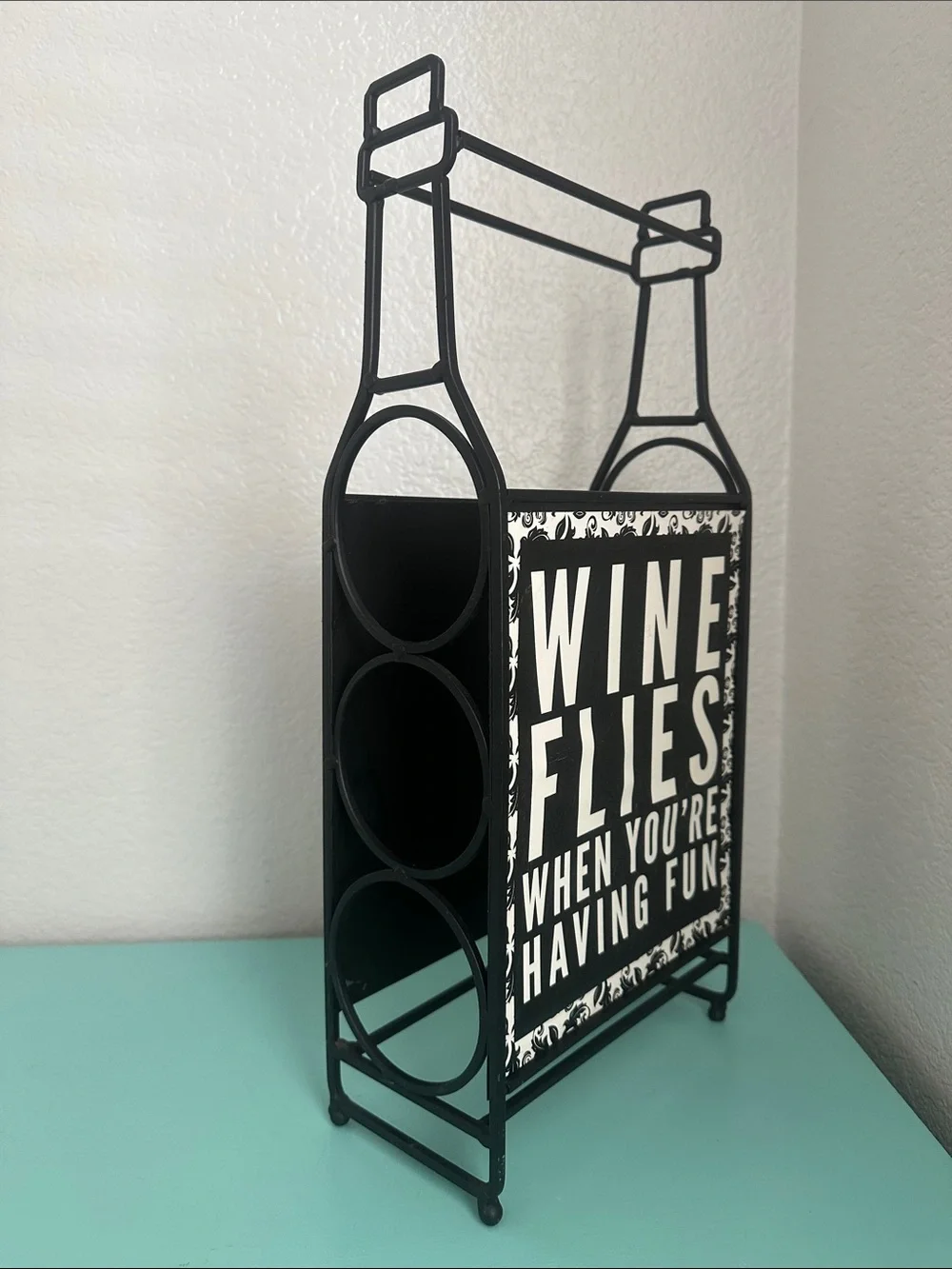 Wine Bottle Rack Décor ‘Wine Flies When You’re Having Fun’-used-good condition